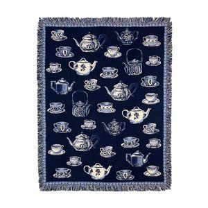 NEW Vintage Blue Teapots Cotton Jacquard woven Throw by Rug Barn